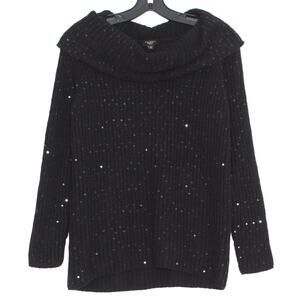 Talbots Sweater Cowl Neck Sequin Minimalist Lambswool Cozy Black Small Petite JA